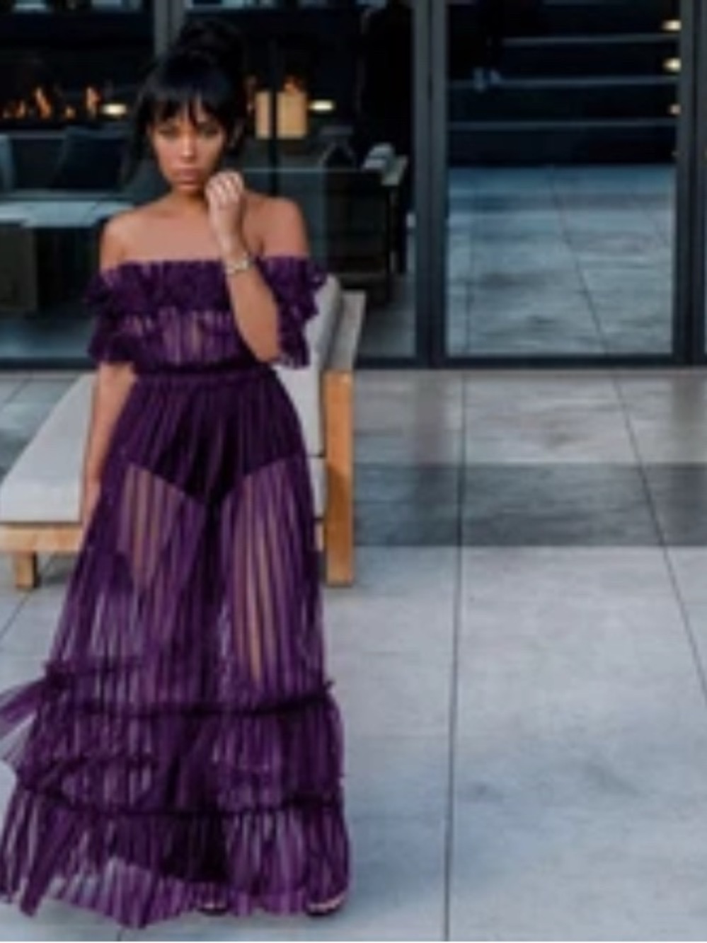 Sheer Off-Shoulder Maxi Dress in Deep Purple